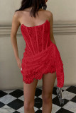 Sexy Solid Color Lace Ruched Irregular U Neck Lace Dress Dresses