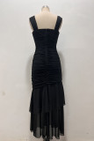 Sexy Solid Color Ruched Mesh U Neck Fishtail Dresses