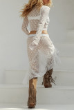 Sexy Solid Color Draw String See-Through O Neck Long Sleeve Two Pieces
