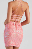 Sexy Flowers Sequins Cross Straps Halter Wrapped Skirt Dresses