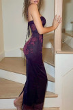 Sexy Flowers Patchwork Backless Strap Design Contrast U Neck One Step Skirt Dresses