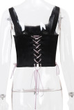 Sexy Solid Color Cross Straps Pearls Decor Square Neck Tops