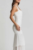 Sexy Solid Color Ruched Mesh U Neck Fishtail Dresses