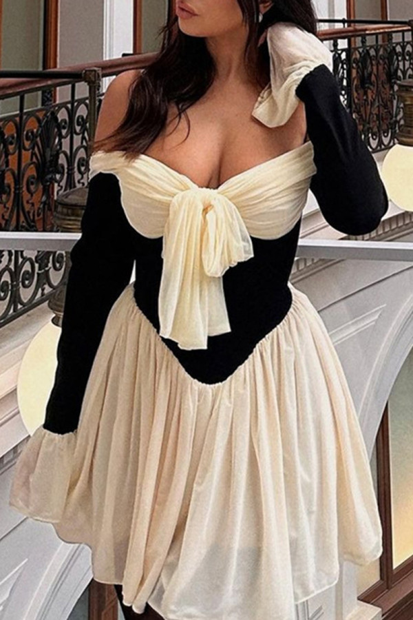 Sexy Solid Color Backless Contrast Off Shoulder Waist Skirt Dresses