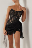 Sexy Solid Color Lace Ruched Irregular U Neck Lace Dress Dresses