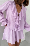 Daily Solid Color Flounce V Neck Long Sleeve Two Pieces