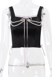 Sexy Solid Color Cross Straps Pearls Decor Square Neck Tops