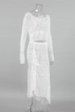 Sexy Solid Color Draw String See-Through O Neck Long Sleeve Two Pieces