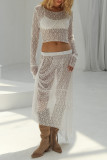 Sexy Solid Color Draw String See-Through O Neck Long Sleeve Two Pieces