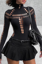 Sexy Solid Color Hollow Out Turtleneck Skinny Bodysuits
