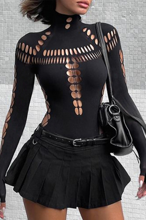 Sexy Solid Color Hollow Out Turtleneck Skinny Bodysuits