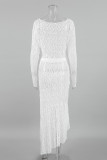Sexy Solid Color Draw String See-Through O Neck Long Sleeve Two Pieces