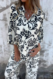 Casual Floral Print Pocket Contrast Turndown Collar Three Quarter Two Pieces