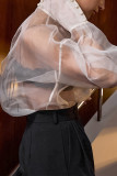 Sexy Solid Color Buttons See-Through Mesh Turtleneck Tops