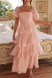 Casual Solid Color Backless Flounce Square Neck Cake Skirt Dresses