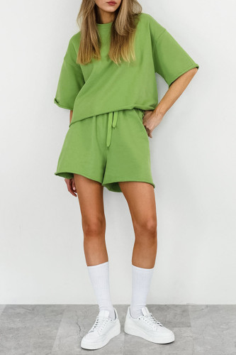 Casual Solid Color Draw String O Neck Short Sleeve Two Pieces