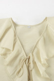 Casual Solid Color Lace Up Flounce V Neck Long Sleeve Two Pieces