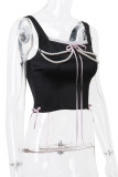 Sexy Solid Color Cross Straps Pearls Decor Square Neck Tops
