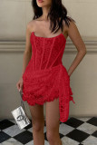 Sexy Solid Color Lace Ruched Irregular U Neck Lace Dress Dresses