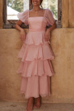 Casual Solid Color Backless Flounce Square Neck Cake Skirt Dresses