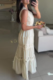 Casual Solid Color Embroidered Hollow Out V Neck Sleeveless Dresses