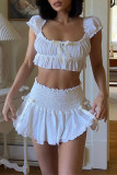 Sexy Solid Color Bow Decor Square Neck Short Sleeve Two Pieces