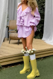 Daily Solid Color Flounce V Neck Long Sleeve Two Pieces