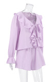 Daily Solid Color Flounce V Neck Long Sleeve Two Pieces
