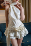 Sexy Solid Color Backless Flounce Flower Shape Halter A Line Dresses