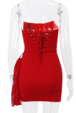 Sexy Solid Color Lace Ruched Irregular U Neck Lace Dress Dresses