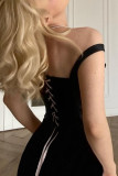 Sexy Solid Color Cross Straps Pearls Decor Square Neck Tops