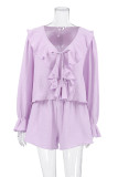 Daily Solid Color Flounce V Neck Long Sleeve Two Pieces