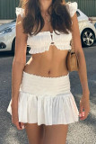 Sexy Solid Color Buttons Square Neck Short Sleeve Two Pieces