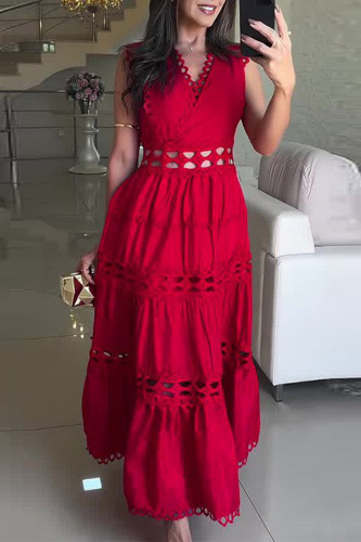Casual Solid Color Embroidered Hollow Out V Neck Sleeveless Dresses