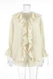 Casual Solid Color Lace Up Flounce V Neck Long Sleeve Two Pieces