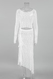 Sexy Solid Color Draw String See-Through O Neck Long Sleeve Two Pieces
