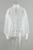 Sexy Solid Color Buttons See-Through Mesh Turtleneck Tops