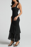 Sexy Solid Color Ruched Mesh U Neck Fishtail Dresses