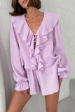 Daily Solid Color Flounce V Neck Long Sleeve Two Pieces