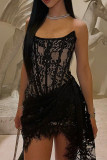 Sexy Solid Color Lace Ruched Irregular U Neck Lace Dress Dresses