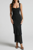 Sexy Solid Color Ruched Mesh U Neck Fishtail Dresses