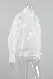 Sexy Solid Color Buttons See-Through Mesh Turtleneck Tops