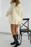 Casual Solid Color Lace Up Flounce V Neck Long Sleeve Two Pieces