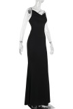 Sexy Solid Color Backless Strap Design V Neck Evening Dresses