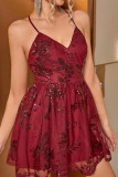 Sexy Flowers Sequins Backless V Neck Evening Dresses