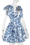 Sexy Floral Print Lace Up Contrast V Neck A Line Dresses
