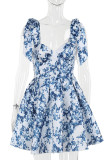 Sexy Floral Print Lace Up Contrast V Neck A Line Dresses