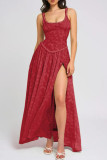 Sexy Jacquard Patchwork Slit U Neck Long Dresses