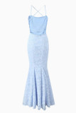 Sexy Solid Color Jacquard Lace Backless Strap Design Square Neck Fishtail Dresses