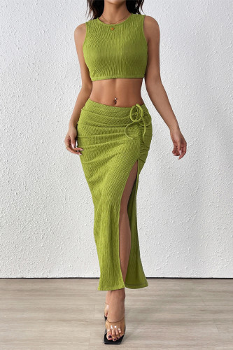 Sexy Solid Color Draw String Slit Texture O Neck Sleeveless Two Pieces